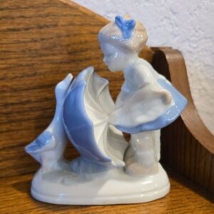 Vintage Figurine of Girl with Umbrella and Goose